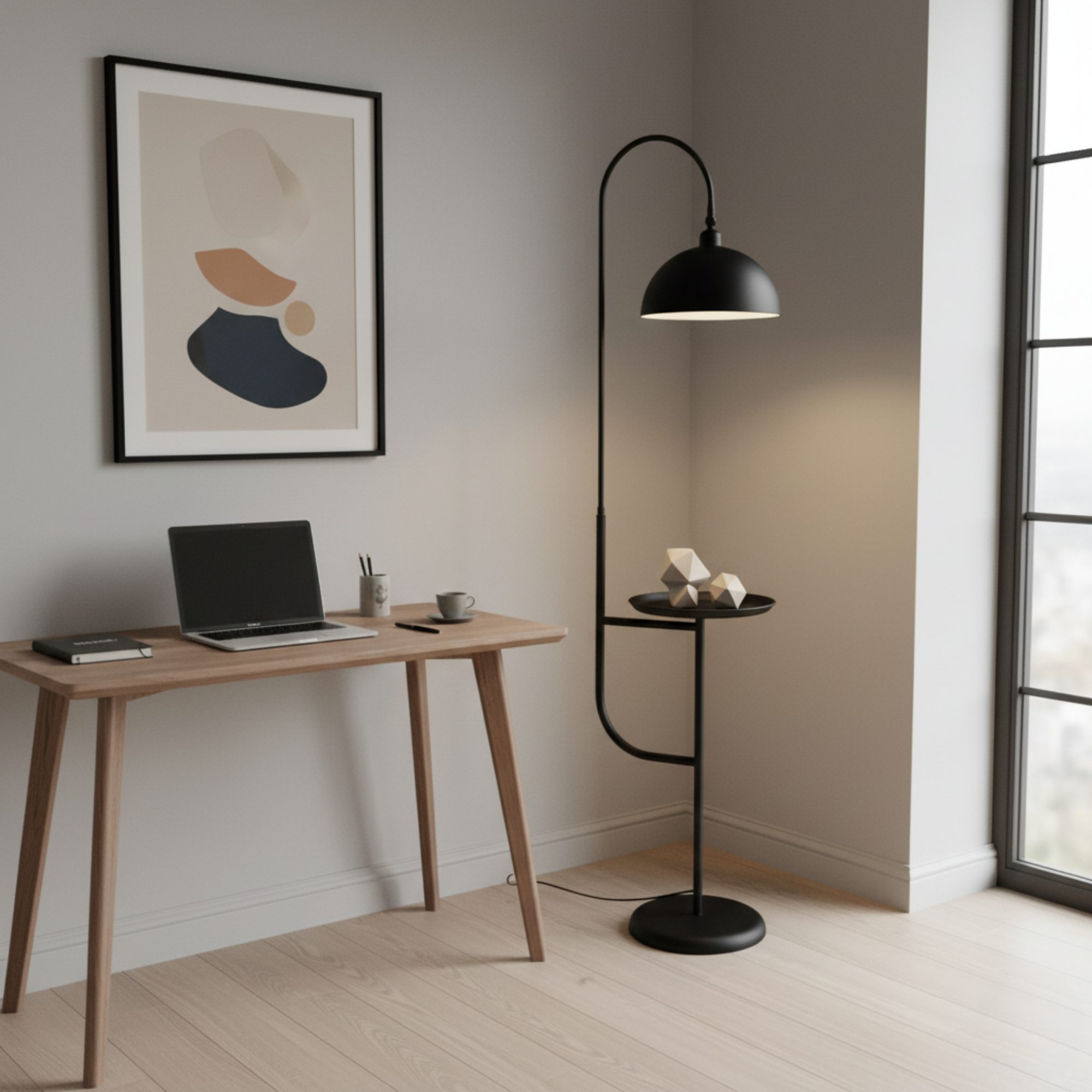 Modern Floor Lamp with Integrated Side Table – 170 cm Black Metal Frame, 360° Adjustable Shade